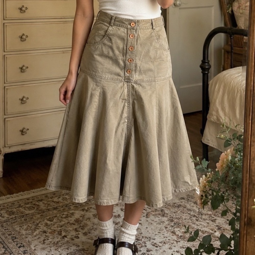 Vtg Organically Grown Khaki Cotton Midi Skirt Size 5 Button Front Boho Skirt B4